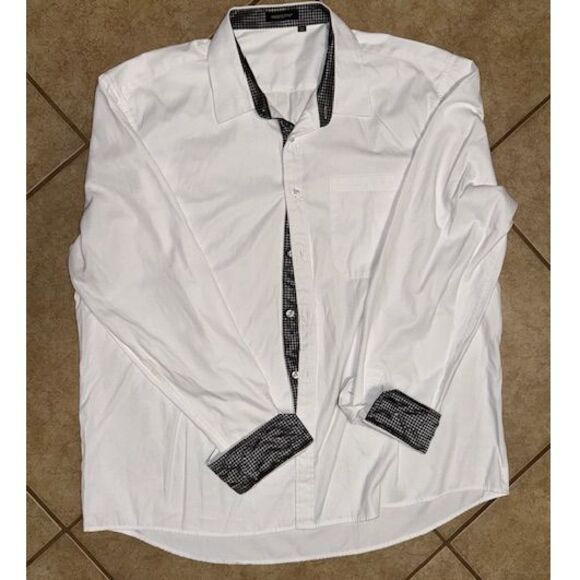 Hisdern Mens Button Down Shirt XXL Printed Cuff and Collar Houndstooth White - Picture 1 of 5